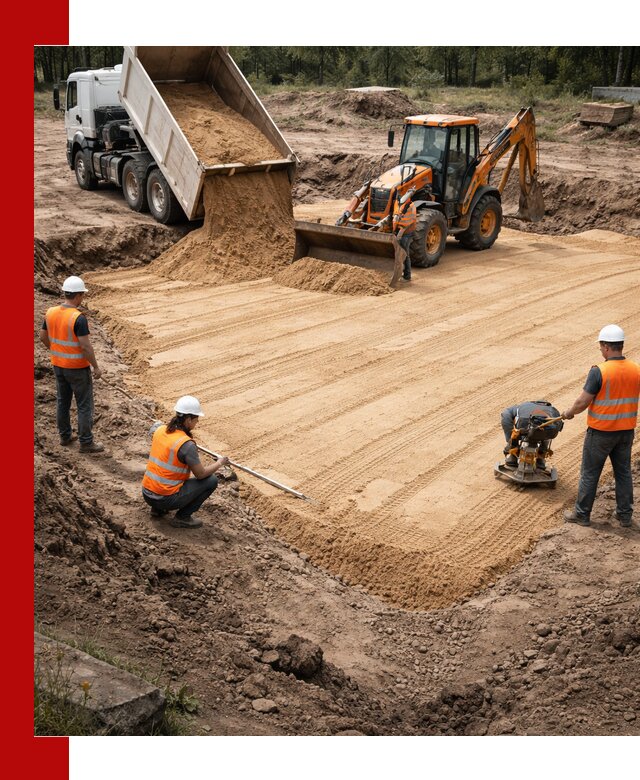 Устройство песчаной подушки для фундаментов и дорог в Алексине